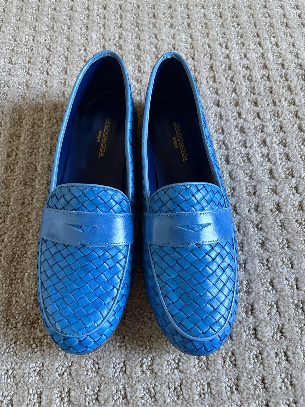 Spaziomoda Bologna Blue Woven Leather Penny Loafers Italy -size 39 brand new.
